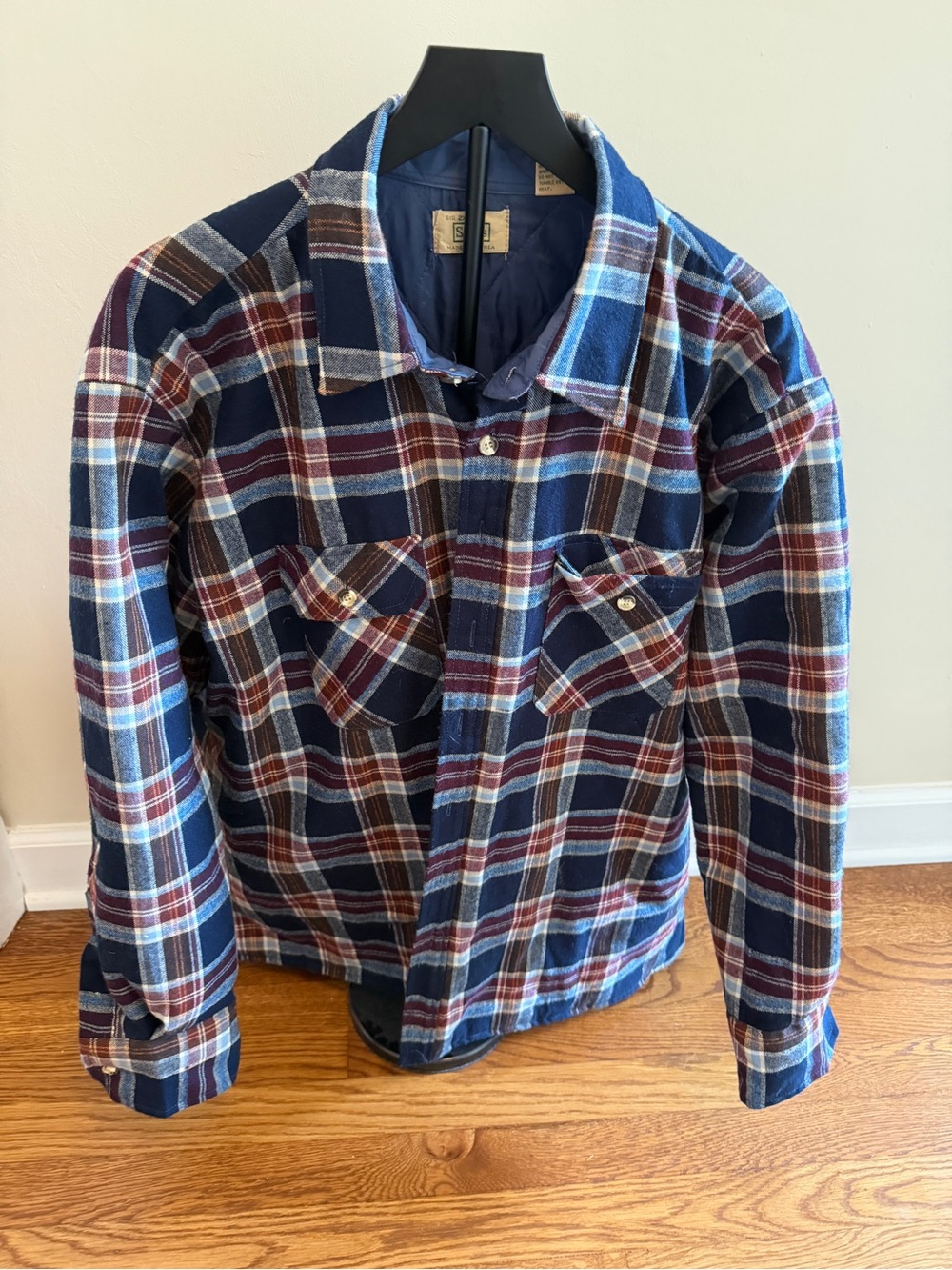 Vintage Sears Men's Navy & Burgundy Plaid Quilt Lined Jacket